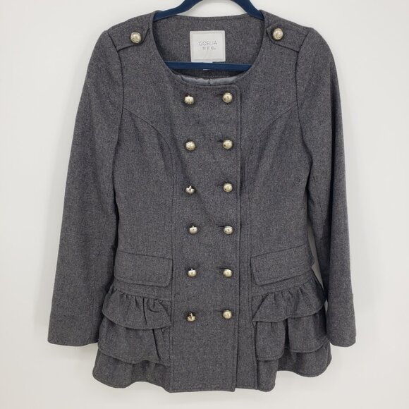 Goelia Double Breasted Coat M Tiered Ruffle Trim Collarless Charcoal Gray - Picture 1 of 7